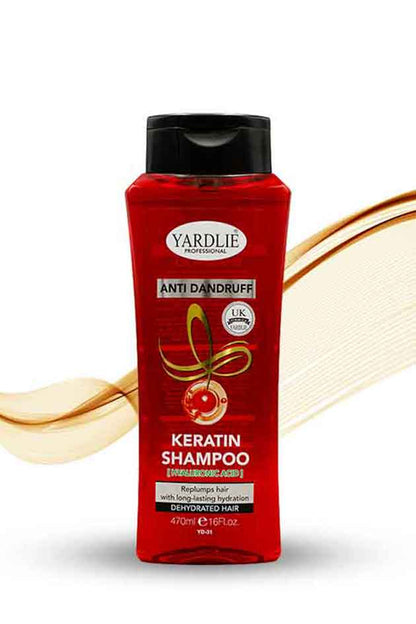 Yardlie Keratin Anti Dandruff Shampoo Hyaluronic Acid 470ml, Red shampoo bottle with black cap on a white background, Red shampoo bottle with black cap labeled 'Yardley' on a white background