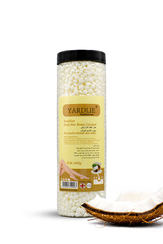 Yardlie Brazilian Hard Wax Beans Coconut 400g no strip hair removal wax, 
Yardley coconut wax beads container with a coconut on a white background
