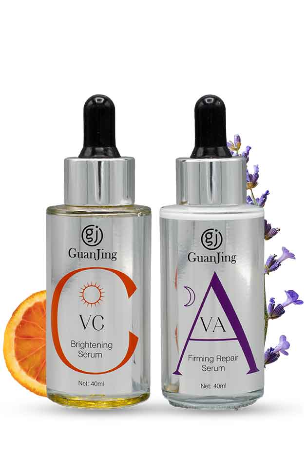 Guanjing Revitalift Serum Set with Vitamin C Brightening and Retinol Firming Repair Serums for Glowing and Youthful Skin. Two skincare serum bottles with droppers, one labeled 'VC' and the other 'AVA', on a white background.