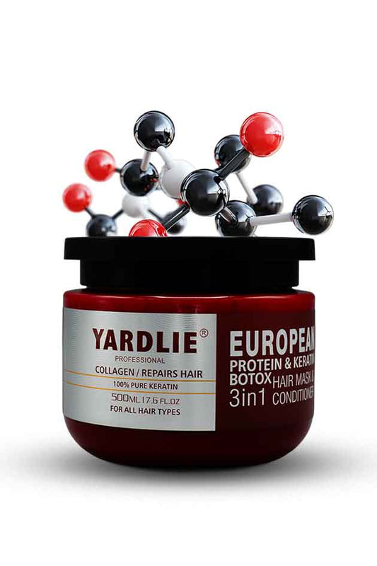 Yardlie Keratin Botox Hair Mask 3 in 1 Conditioner 500ml, Yardlie hair product jar with molecular model on a white background