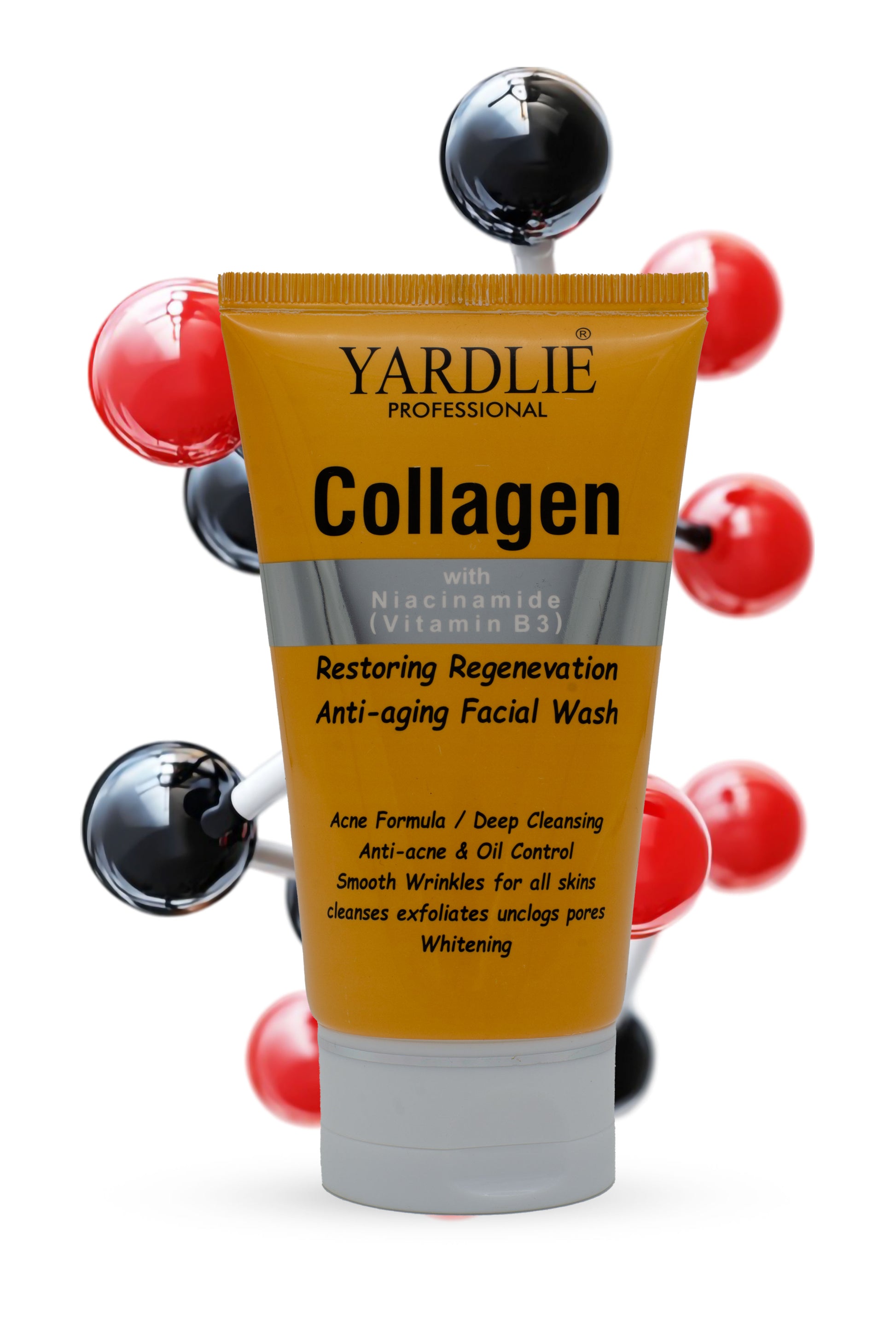 Yardlie Collagen facial wash tube with decorative elements on a white background