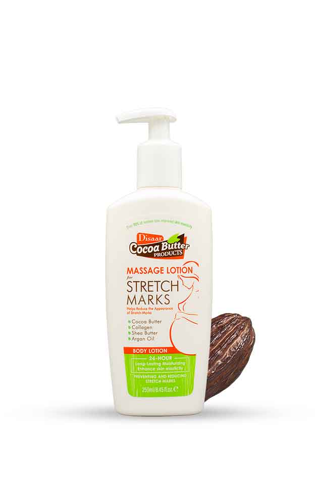 Disaar Cocoa Butter Stretch Mark Massage Lotion 250ml available at Yardlie Pakistan, Cocoa Butter massage lotion for stretch marks with a coconut on a white background