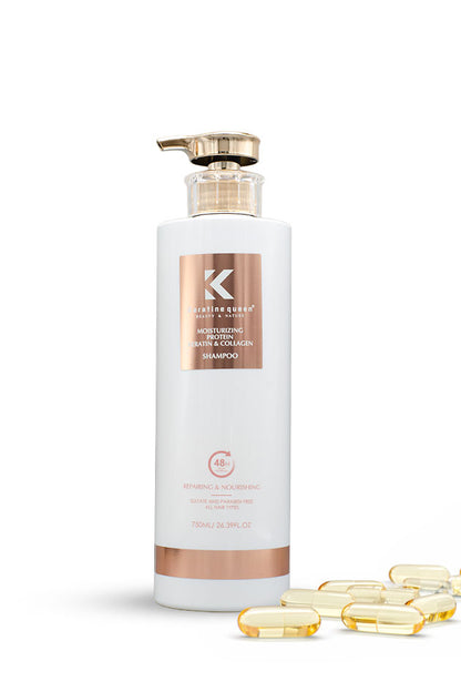 Keratine Queen Moisturizing Protein Keratin and Collagen Shampoo 750ml for dry damaged hair,
A white bottle of K-21 Haircare Hair Reviver Shampoo with a metallic rose gold label and gold pump dispenser, shown on a white background with several translucent yellow hair capsules scattered at its base.