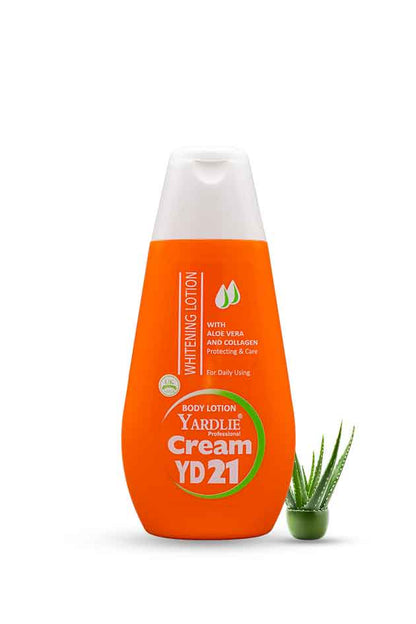 Yardlie Professional YD21 Whitening Body Lotion with Aloe Vera – skin brightening and moisturizing cream. Orange bottle of Yardlie Cream YD21 with a white cap on a white background