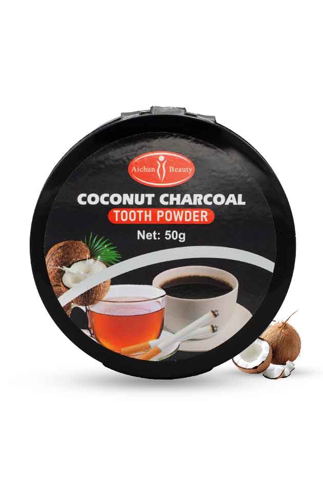 Aichun Beauty Coconut Charcoal Tooth Powder 50g container with coconuts – natural whitening and detox oral care formula. Coconut charcoal tooth powder packaging with images of tea and coconuts on a white background