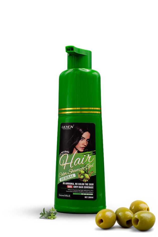Lichen Natural Black Hair Color Shampoo Gel 200ml ammonia free hair dye for men and women in Pakistan, Green shampoo bottle with olive oil and olives on a white background