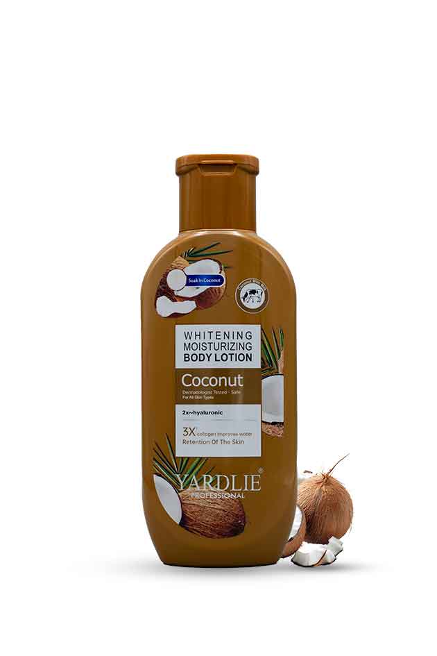 Yardlie Professional Coconut Whitening Moisturizing Body Lotion – Deep Nourishment & Radiant Glow (with coconut extract bottle). Yardlie coconut body lotion bottle on a white background