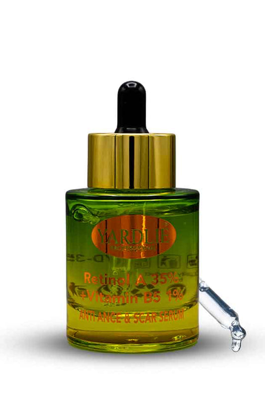 Yardlie Anti Acne Scar Serum Retinol A Vitamin B5 50ml,Green skincare serum bottle with gold cap on a white background