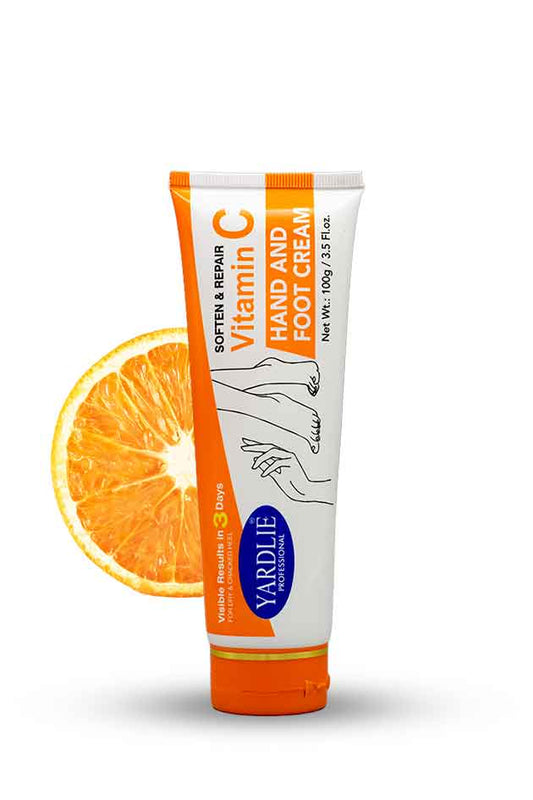 Yardlie Vitamin C Hand and Foot Cream 100g repair moisturizer, Yardley Vitamin C hand and foot cream with an orange slice on a white background