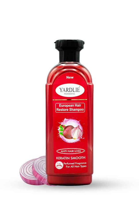 Yardlie Onion & Keratin Smooth Shampoo 400ml – Anti Hair Loss Formula, Yardlie European Hair Restore Shampoo bottle with onion slices on a white background