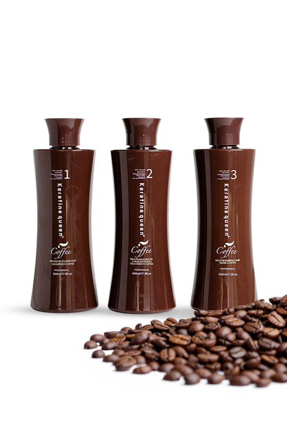 Keratine Queen Brazilian Coffee Keratin Smoothing Treatment Set with shampoo, keratin, and mask,
Three brown hair developer bottles labeled 1, 2, and 3 are arranged on a white background with scattered coffee beans in the foreground. The bottles have matching brown caps and feature white text including the brand name Coffee.