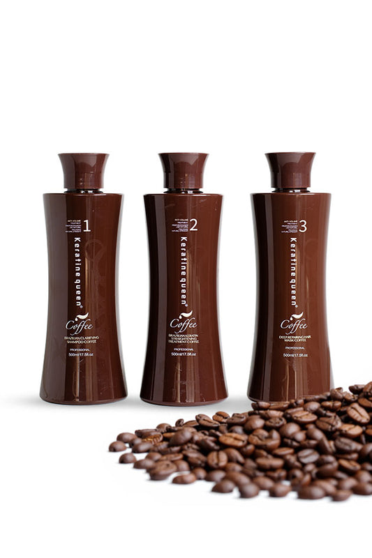 Keratine Queen Brazilian Coffee Keratin Smoothing Treatment Set with shampoo, keratin, and mask,
Three brown hair developer bottles labeled 1, 2, and 3 are arranged on a white background with scattered coffee beans in the foreground. The bottles have matching brown caps and feature white text including the brand name Coffee.