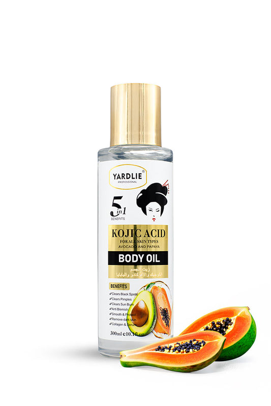 Yardlie Kojic Acid Avocado and Papaya Body Oil 300ml bottle front,
A bottle of Yardlie 5-in-1 Body Oil with Kojic Acid and Papaya scent, featuring a gold cap and white label with black and gold text, displayed next to sliced papayas on a white background.