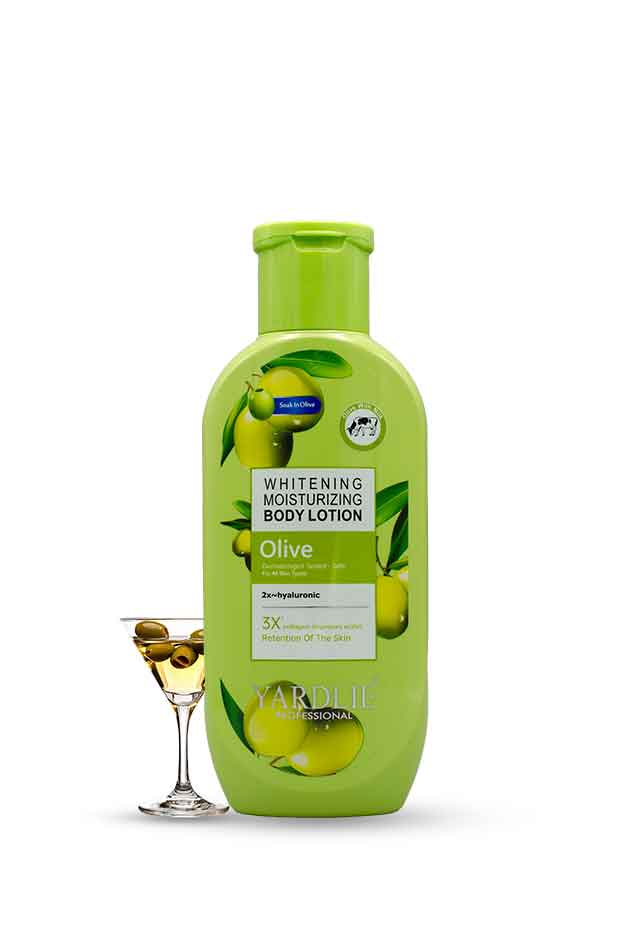 Yardlie Professional Olive Whitening Moisturizing Body Lotion – Deep Hydration & Radiant Glow (with olive extract bottle). Green bottle of Whitening Moisturizing Body Lotion with olive design on a white background