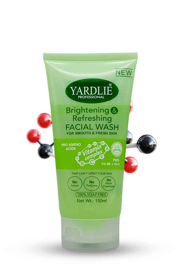 Yardlie Brightening and Refreshing Facial Wash 150ml gentle daily cleanserGreen tube of Yardlie facial wash with molecular models on a white background 