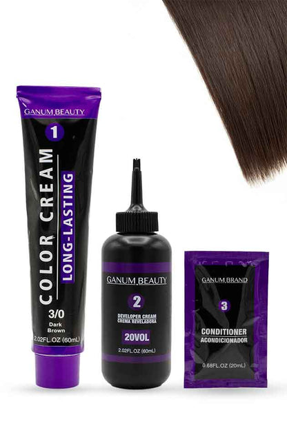 Ganum Beauty Dark Brown Hair Color Cream box with shade swatch, full grey coverage. Ganum Beauty hair color kit with color cream, developer, and conditioner on a white background.