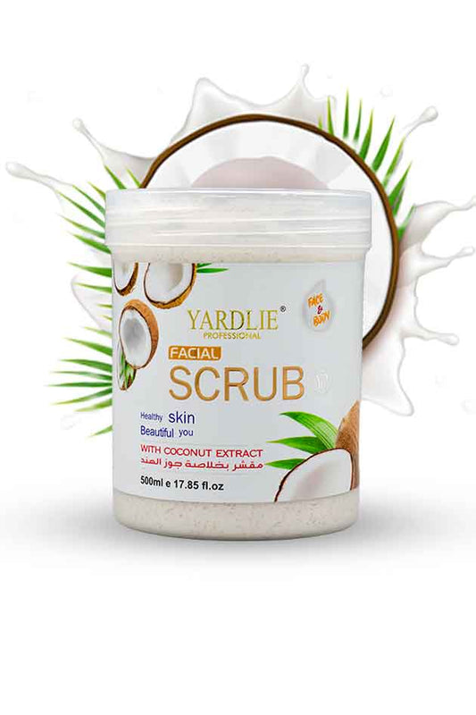 Yardlie Facial Coconut Scrub Face and Body Exfoliator 500ml with Coconut Extract, Yardlie facial scrub jar with coconut extract on a white background