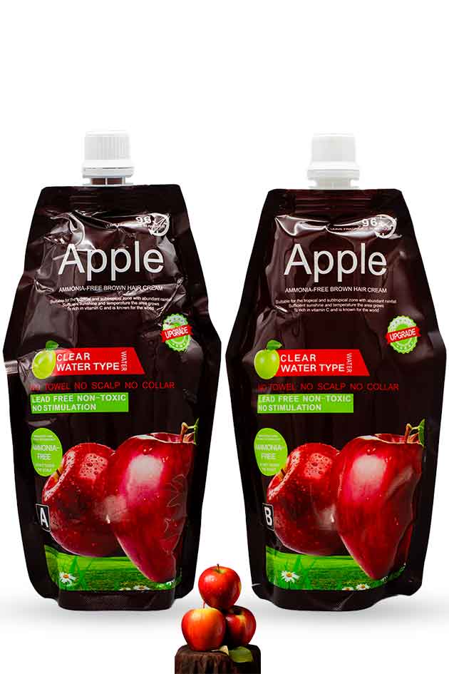 Apple Ammonia-Free Clear Water Hair Dye Cream duo pack 1000ml – Pouch A and B. Two bottles of Apple-flavored water with red apples on a white background