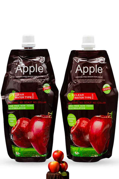 Apple Ammonia-Free Clear Water Hair Dye Cream duo pack 1000ml – Pouch A and B. Two bottles of Apple-flavored water with red apples on a white background