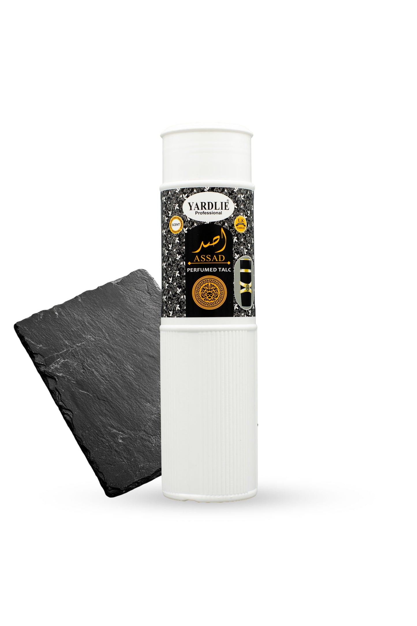 Yardlie Assad Perfumed Talc body powder with premium fragrance, White cylindrical container with black label on a white background
