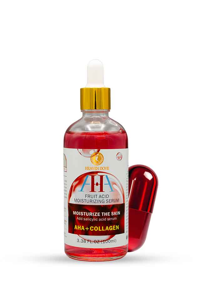 Heaven Dove AHA Fruit Acid Moisturizing Serum 100ml hydrating face serum, Bottle of fruit acid moisturizing serum with red liquid on a white background