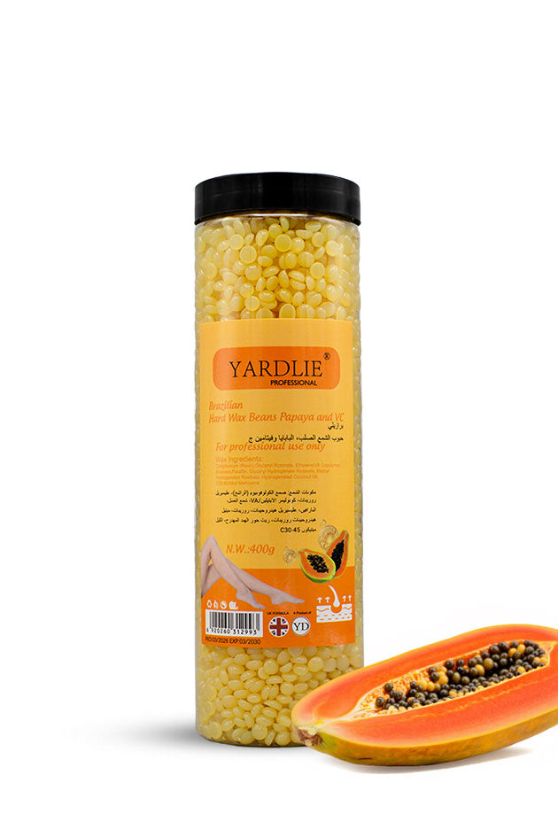 Yardlie Brazilian Hard Wax Beans Papaya and Vitamin C 400g no strip hair removal wax,
Bottle of YARDLIE product with a papaya next to it on a white background