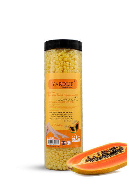 Yardlie Brazilian Hard Wax Beans Papaya and Vitamin C 400g no strip hair removal wax,
Bottle of YARDLIE product with a papaya next to it on a white background