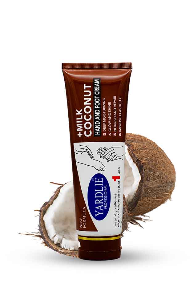 Yardlie Milk Coconut Hand and Foot Cream 100g, Tube of Yardley Milk Coconut Hand and Body Cream with a coconut on a white background