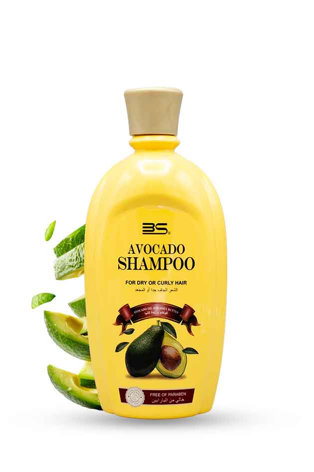 Yellow avocado shampoo bottle with avocado graphics on a white background