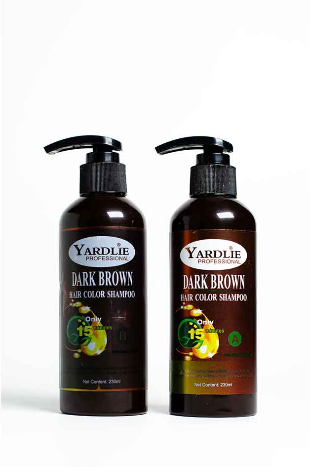 Two bottles of Yardlie Dark Brown Hair Color Shampoo on a white background