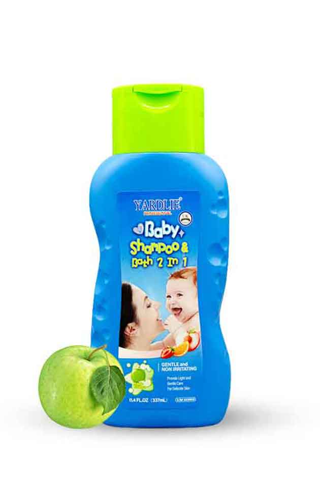 yardlie Baby shampoo bottle with green cap and apple on a white background