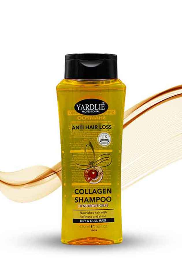 Yardlie Collagen Anti Hair Loss Shampoo 8 Nutritive Oils 470ml, Yardley Collagen Shampoo bottle with a white background