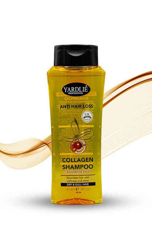 Yardlie Collagen Anti Hair Loss Shampoo 8 Nutritive Oils 470ml, Yardley Collagen Shampoo bottle with a white background