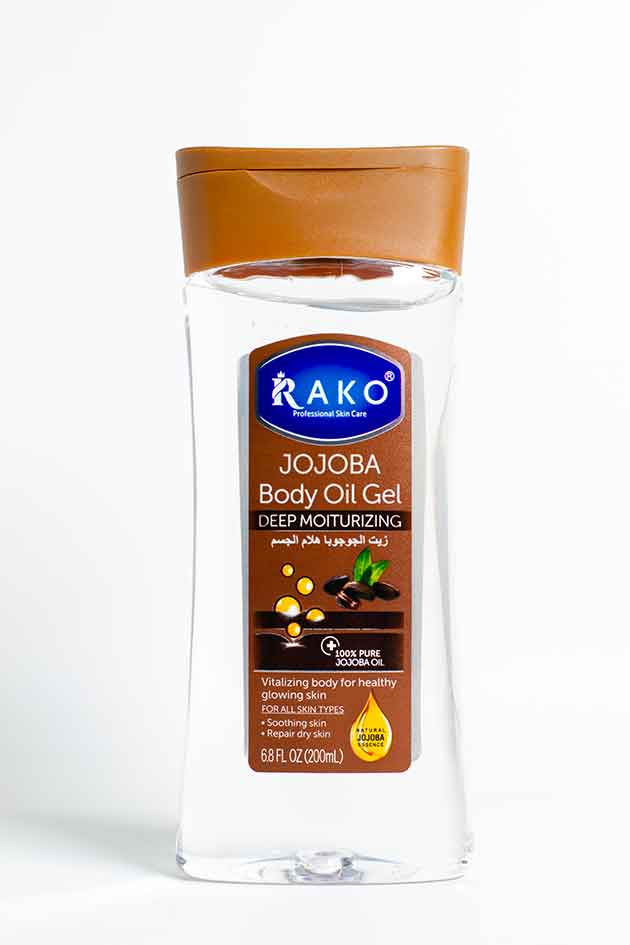 Rako Professional Jojoba Body Oil Gel – Deep Moisturizing Formula for Glowing Skin. Rako Jojoba Body Oil Gel bottle on a white background