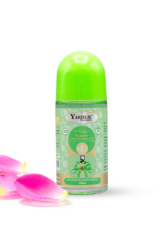 Yardlie Romantic Fragrance Roll On Deodorant 60ml bottle for 24 hour freshness,
A Yardlie roll-on deodorant bottle with a bright green cap and a light green label, shown on a white background with pink flower petals in the lower left corner.