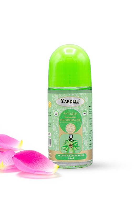Yardlie Romantic Fragrance Roll On Deodorant 60ml bottle for 24 hour freshness,
A Yardlie roll-on deodorant bottle with a bright green cap and a light green label, shown on a white background with pink flower petals in the lower left corner.
