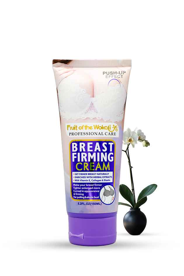 Fruit of the Wokali Breast Firming Cream Push-Up Effect 150ml for women, Tube of breast firming cream with an orchid on a white background