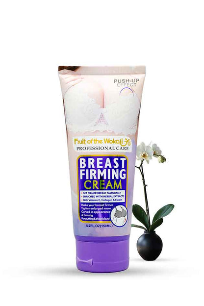 Fruit of the Wokali Breast Firming Cream Push-Up Effect 150ml for women, Tube of breast firming cream with an orchid on a white background