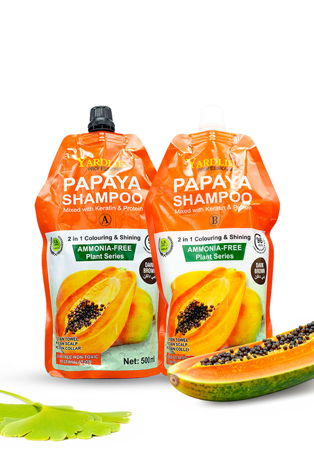 Yardlie Papaya Hair Colour Shampoo Dark Brown 500ml x 2 ammonia free Vitamin C hair colour,
Two bottles of Papaya Shampoo with a papaya fruit on a white background