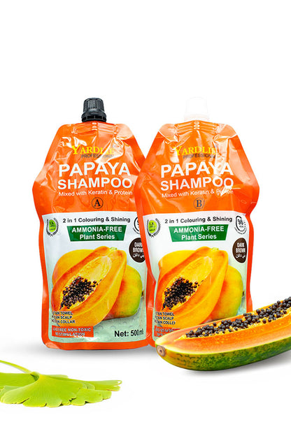 Yardlie Papaya Hair Colour Shampoo Dark Brown 500ml x 2 ammonia free Vitamin C hair colour,
Two bottles of Papaya Shampoo with a papaya fruit on a white background