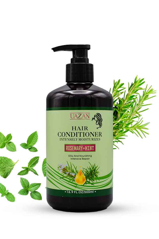 UAZAN Rosemary + Mint Hair Conditioner 500ml – Deep Moisturizing & Intensive Repair for Silky Hair. Hair conditioner bottle with green leaves on a white background