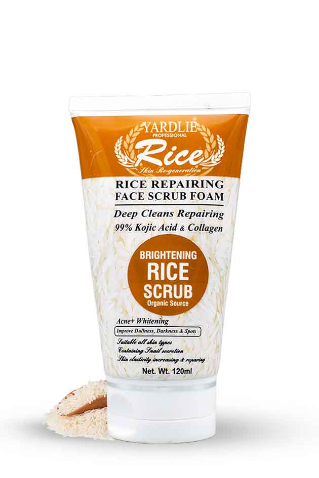 Yardlie Professional Rice Face Scrub 120ml brightening exfoliating scrub in Pakistan, Yardlie Rice Repairing Face Scrub Foam packaging on a white background