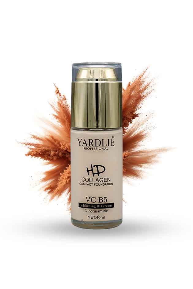 Yardlie 24K HD Compact Foundation VC-B5 Collagen 40ml full coverage matte finish makeup, Skincare bottle with decorative pampas grass on a white background