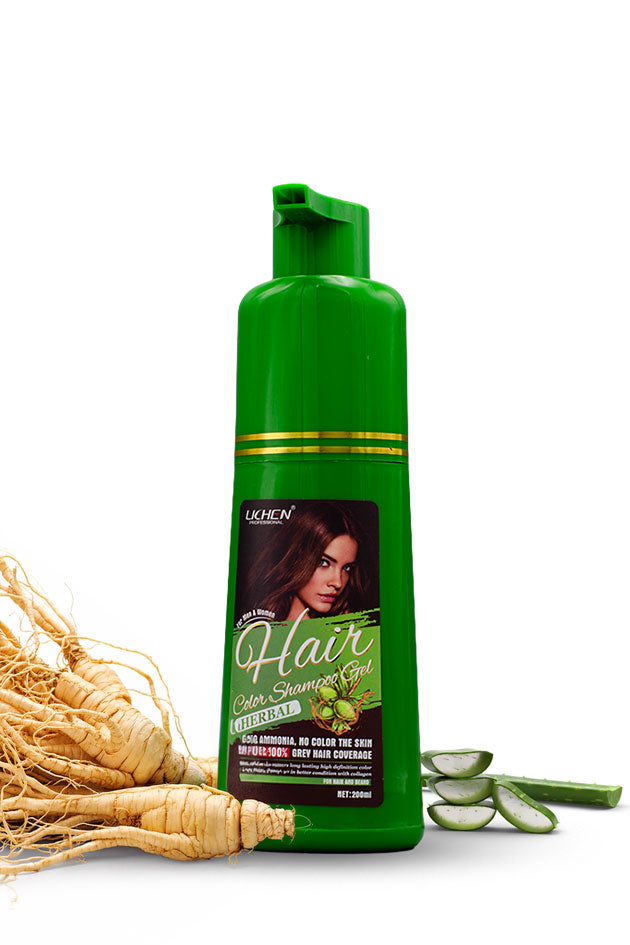 Lichen Dark Brown Hair Color Shampoo Gel 200ml ammonia free hair dye for men and women in Pakistan, Green shampoo bottle with aloe vera plant on a white background