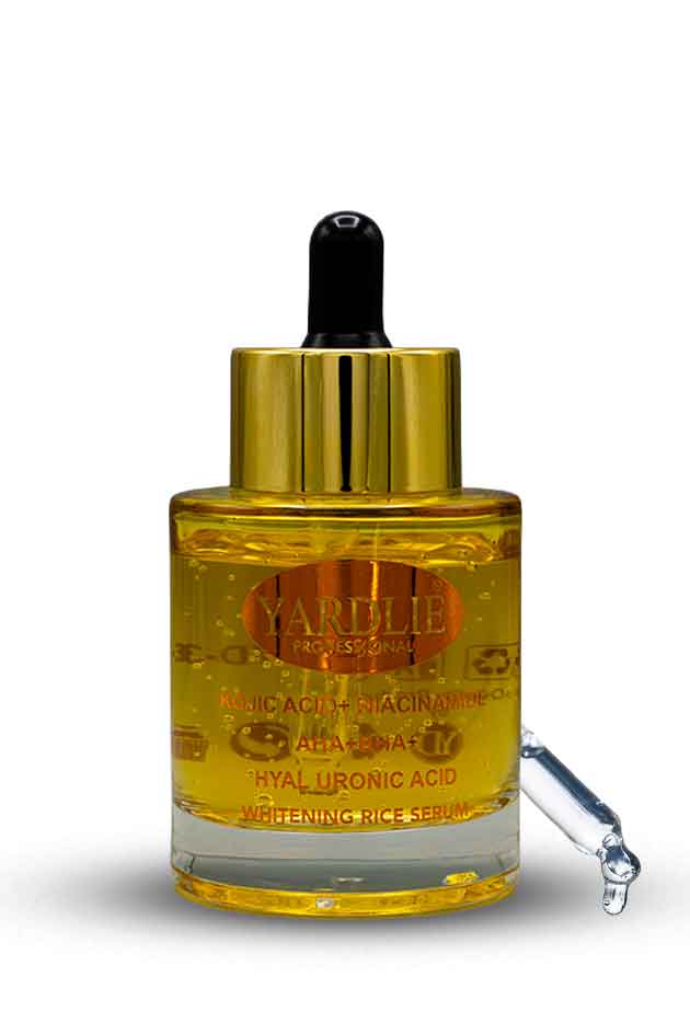 Yardley Whitening Rice Serum bottle with dropper on a white background