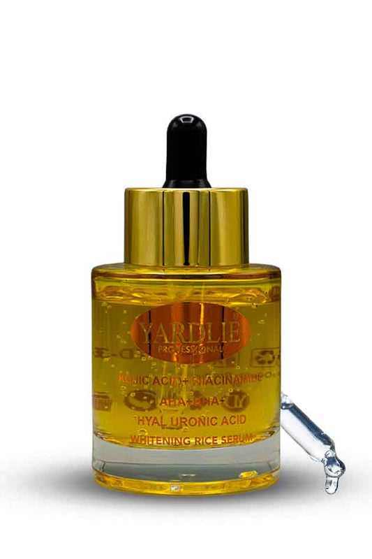 Yardley Whitening Rice Serum bottle with dropper on a white background