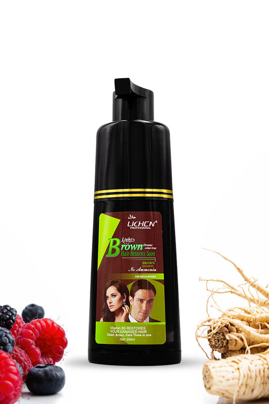 Lichen Professional Light Brown Hair Color Shampoo 200ml for men and women, Hair dye bottle with ingredients on a white background