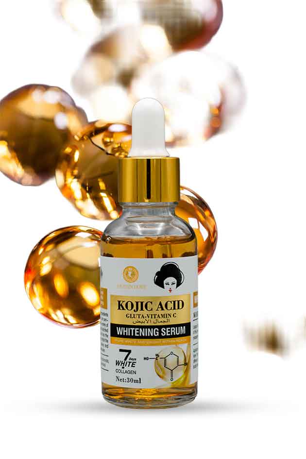 Heaven Dove Kojic Acid Whitening Serum 30ml brightening facial serum, Bottle of Kojic Acid Whitening Serum with dropper on a white background