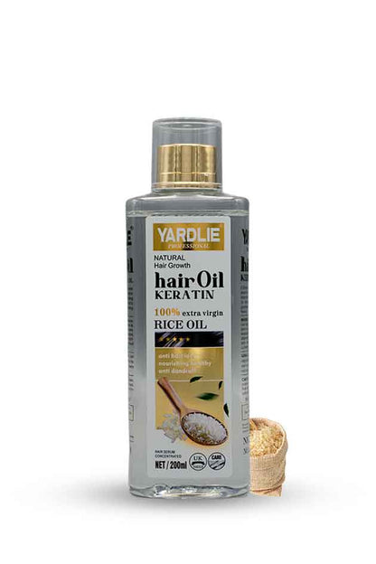 Yardlie Keratin and Rice Oil Hair Growth Oil 200ml nourishing hair treatment, Yardley hair oil bottle with rice oil illustration on a white background