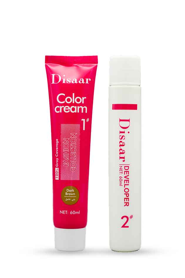 Disaar Dark Brown Hair Color Cream – 100% gray coverage hair dye with nourishing formula. Two hair color products from Disaar on a white background